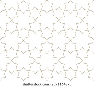 Vector geometric seamless pattern in Islamic style. Luxury ornament texture with floral grid, stars, lines, lattice. Elegant gold and white oriental background. Golden minimal modern repeated design
