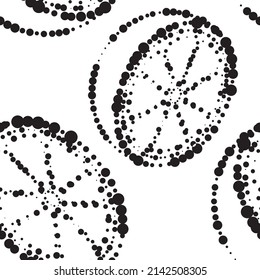 Vector. Geometric seamless pattern. Juicy orange, lemon consisting of dots of different sizes, dotted lines. Spotted abstract summer background in the form of citrus fruits. Black - white monochrome.