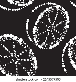 Vector. Geometric seamless pattern. Juicy orange, lemon consisting of dots of different sizes, dotted lines. Spotted abstract summer background in the form of citrus fruits. Black - white monochrome.