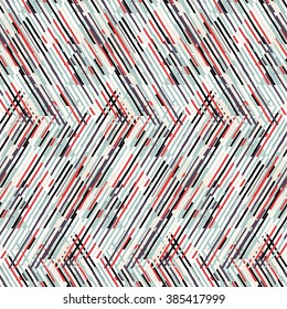 Vector geometric seamless pattern with line and zigzags in black, grey, red colors. Striped modern bold print in 1980s retro style for summer spring fashion Abstract techno chevron background