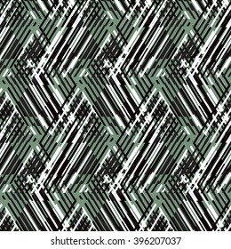 Vector geometric seamless pattern with line and zigzags in black, white green colors. Striped modern bold print in 1980s retro style for summer spring fashion Abstract techno chevron background