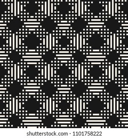 Vector geometric seamless pattern with linear grid, lattice, small squares, lines. Ethnic tribal style. Abstract black and white plaid texture, tartan. Dark repeat background. Design for fabric, cloth