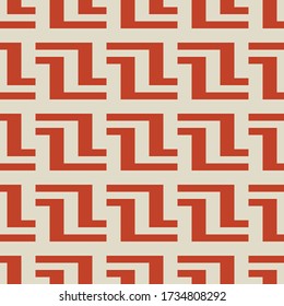Vector geometric seamless pattern with lines, meanders, chain, grid. Traditional grecian motif ornament. Abstract red and beige graphic texture. Simple ornamental background. Repeat decorative design