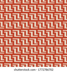 Vector geometric seamless pattern with lines, meanders, chain, grid. Traditional grecian motif ornament. Abstract red and beige graphic texture. Simple ornamental background. Elegant repeat design