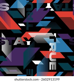 Vector geometric seamless pattern with lines and overlapping triangles in bright contrast colors. Trendy sport pattern. Abstract seamless grunge background. Urban art texture with  lines, triangles