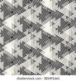 Vector geometric seamless pattern with lines and overlapping triangles in black and white. Striped modern bold print in 1980s style for summer fall fashion. Abstract dynamic techno chevron background