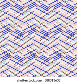 Vector geometric seamless pattern with lines and zigzags in bright blue, pink, white colors. Striped modern bold print in 1980s retro style for summer fall fashion. Abstract techno chevron background