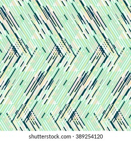 Vector Geometric Seamless Pattern With Lines And Zigzags In Bright Mint, Black, Pink Colors. Striped Modern Bold Print In 1980s Retro Style For Summer Fall Fashion. Abstract Techno Chevron Background