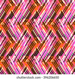 Vector geometric seamless pattern with lines and zigzags in bright orange, pink colors. Striped modern bold print in 1980s retro style for summer fall fashion. Abstract techno chevron background