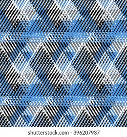 Vector geometric seamless pattern with lines and overlapping triangles in black, white blue. Striped modern bold print in 1980s style for summer fall fashion. Abstract dynamic tech chevron background