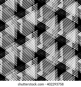 Vector geometric seamless pattern with lines and overlapping triangles in black and white. Striped modern bold print in 1980s style for summer fall fashion. Abstract dynamic techno chevron background