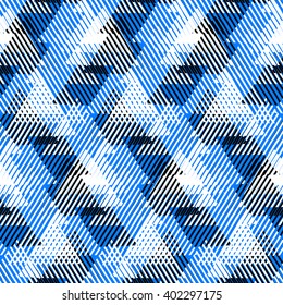 Vector geometric seamless pattern with lines, triangle, pyramids in black, white,bright  blue colors. Striped modern bold print in 1980 style for summer fall fashion. Abstract tech chevron background
