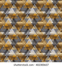 Vector geometric seamless pattern with lines, triangle, pyramids in black, white, gold natural colors. Striped modern bold print in 1980 style for summer fall fashion. Abstract tech chevron background