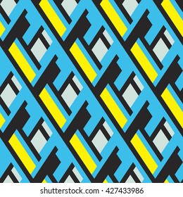 Vector geometric seamless pattern with lines, overlapping stripes, in bright colors. Modern bold memphis print with diamond shapes for fall winter fashion. Abstract dynamic techno op art background