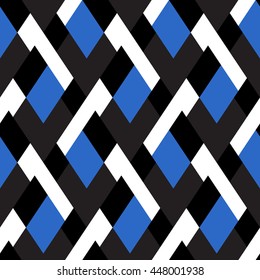 Vector Geometric Seamless Pattern With Lines And Mosaic Tiles In Bright Blue, Black And White Color. Modern Bold Print With Diamond Shape For Fall Winter Fashion. Abstract Tech Op Art Background