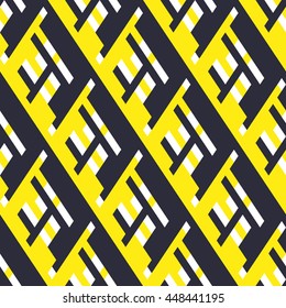 Vector geometric seamless pattern with lines and overlapping shapes in black, white, yellow color. Modern bold print with diamond shape for fall winter fashion. Abstract dynamic tech op art background