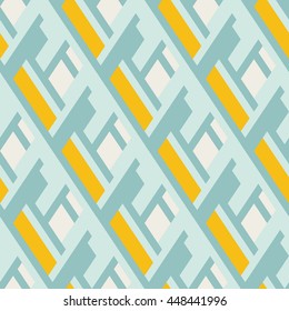 Vector geometric seamless pattern with lines and overlapping shapes in blue, yellow, pastel color. Modern bold print with diamond shape for fall winter fashion. Abstract dynamic tech op art background