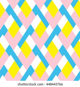 Vector geometric seamless pattern with lines and mosaic tile in blue, pink, yellow color. Modern bold print with diamond shape for fall winter fashion. Abstract tech op art background in memphis style