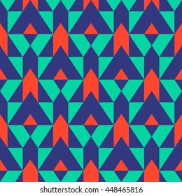 Vector geometric seamless pattern with lines and mosaic tiles in blue, green, red color. Modern bold print with diamond shape for fall winter fashion. Abstract color blocked tech op art background