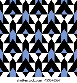 Vector geometric seamless pattern with lines and mosaic tiles in blue, white, black color. Modern bold print with diamond shape for fall winter fashion. Abstract color blocked tech op art background