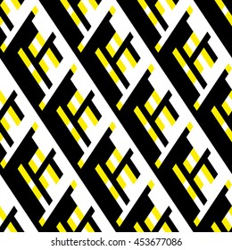 Vector Geometric Seamless Pattern With Lines And Overlapping Shapes In Black, White, Yellow Color. Modern Bold Print With Diamond Shape For Fall Winter Fashion. Abstract Dynamic Tech Op Art Background