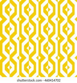 Vector Geometric Seamless Pattern With Lines And Geometric Shapes In Yellow And White. Modern Bold Bright Print With Diamond Shapes For Fall Winter Fashion. Abstract Dynamic Tech Op Art Background