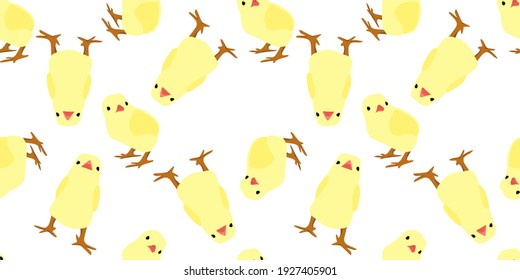 vector geometric seamless pattern with little yellow chickens on white isolated background, pattern for wrapping paper, easter pattern