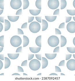 Vector geometric seamless pattern of many blue circles, arcs. Abstract graphic linear print with editable outline thickness. Decorative background element for fashion cloth design, modern layout
