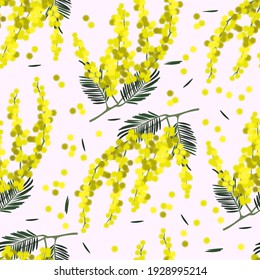 vector geometric seamless pattern with mimosa, seamless pattern on light purple background, yellow mimosa, Easter gift wrapping