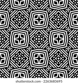 Vector geometric seamless pattern. Minimal ornamental background with abstract shapes. Black and white texture. Simple abstract ornament background. Dark repeat design for decor, fabric, cloth.