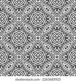 Vector geometric seamless pattern. Minimal ornamental background with abstract shapes. Black and white texture. Simple abstract ornament background. Dark repeat design for decor, fabric, cloth.