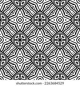 Vector geometric seamless pattern. Minimal ornamental background with abstract shapes. Black and white texture. Simple abstract ornament background. Dark repeat design for decor, fabric, cloth.