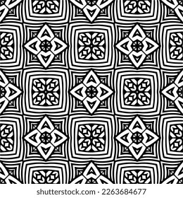 Vector geometric seamless pattern. Minimal ornamental background with abstract shapes. Black and white texture. Simple abstract ornament background. Dark repeat design for decor, fabric, cloth.