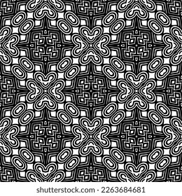 Vector geometric seamless pattern. Minimal ornamental background with abstract shapes. Black and white texture. Simple abstract ornament background. Dark repeat design for decor, fabric, cloth.