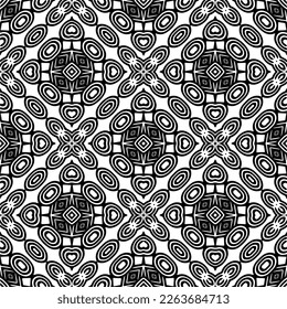 Vector geometric seamless pattern. Minimal ornamental background with abstract shapes. Black and white texture. Simple abstract ornament background. Dark repeat design for decor, fabric, cloth.