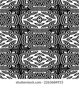 Vector geometric seamless pattern. Minimal ornamental background with abstract shapes. Black and white texture. Simple abstract ornament background. Dark repeat design for decor, fabric, cloth.