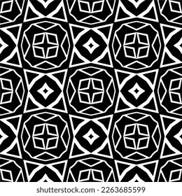 Vector geometric seamless pattern. Minimal ornamental background with abstract shapes. Black and white texture. Simple abstract ornament background. Dark repeat design for decor, fabric, cloth.