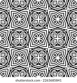Vector geometric seamless pattern. Minimal ornamental background with abstract shapes. Black and white texture. Simple abstract ornament background. Dark repeat design for decor, fabric, cloth.