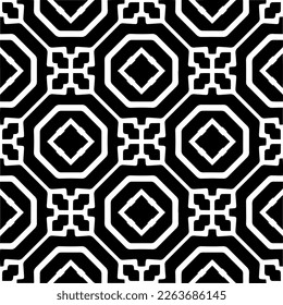Vector geometric seamless pattern. Minimal ornamental background with abstract shapes. Black and white texture. Simple abstract ornament background. Dark repeat design for decor, fabric, cloth.