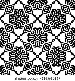 Vector geometric seamless pattern. Minimal ornamental background with abstract shapes. Black and white texture. Simple abstract ornament background. Dark repeat design for decor, fabric, cloth.