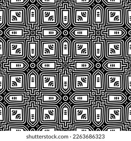 Vector geometric seamless pattern. Minimal ornamental background with abstract shapes. Black and white texture. Simple abstract ornament background. Dark repeat design for decor, fabric, cloth.