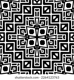 Vector geometric seamless pattern. Minimal ornamental background with abstract shapes. Black and white mandala. Simple abstract ornament background. Dark repeat design for decor, fabric, cloth.