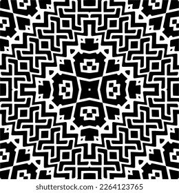 Vector geometric seamless pattern. Minimal ornamental background with abstract shapes. Black and white mandala. Simple abstract ornament background. Dark repeat design for decor, fabric, cloth.