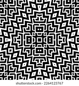 Vector geometric seamless pattern. Minimal ornamental background with abstract shapes. Black and white mandala. Simple abstract ornament background. Dark repeat design for decor, fabric, cloth.
