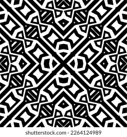 Vector geometric seamless pattern. Minimal ornamental background with abstract shapes. Black and white mandala. Simple abstract ornament background. Dark repeat design for decor, fabric, cloth.