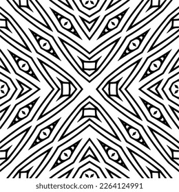 Vector geometric seamless pattern. Minimal ornamental background with abstract shapes. Black and white mandala. Simple abstract ornament background. Dark repeat design for decor, fabric, cloth.
