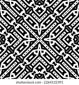 
Vector geometric seamless pattern. Minimal ornamental background with abstract shapes. Black and white mandala. Simple abstract ornament background. Dark repeat design for decor, fabric, cloth.