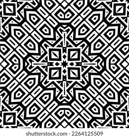 Vector geometric seamless pattern. Minimal ornamental background with abstract shapes. Black and white mandala. Simple abstract ornament background. Dark repeat design for decor, fabric, cloth.