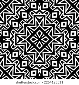 Vector geometric seamless pattern. Minimal ornamental background with abstract shapes. Black and white mandala. Simple abstract ornament background. Dark repeat design for decor, fabric, cloth.