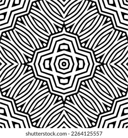 Vector geometric seamless pattern. Minimal ornamental background with abstract shapes. Black and white mandala. Simple abstract ornament background. Dark repeat design for decor, fabric, cloth.